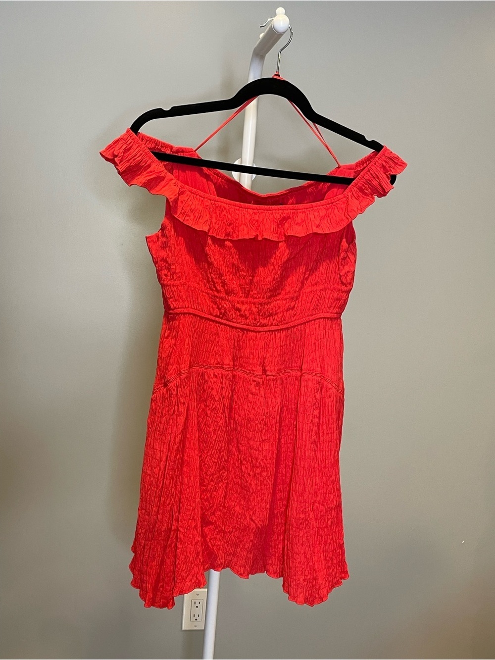 Urban Outfitters Red Off-Shoulder Crinkle Gauze Ruffle Mini Dress - 83% Viscose